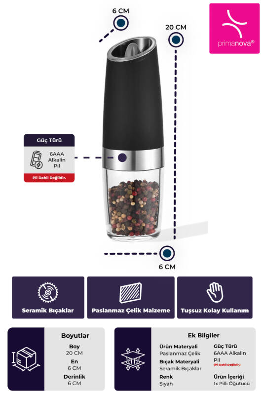 Gravity Paslanmaz Çelik Otomatik Tuz & Karabiber Öğütücü Pilli - Siyah - 3