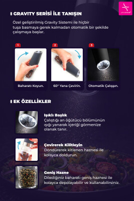 Gravity Paslanmaz Çelik Otomatik Tuz & Karabiber Öğütücü Pilli - Siyah - 4