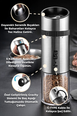 Gravity Paslanmaz Çelik Otomatik Tuz & Karabiber Öğütücü Şarjlı - Metalik - Primanova (1)