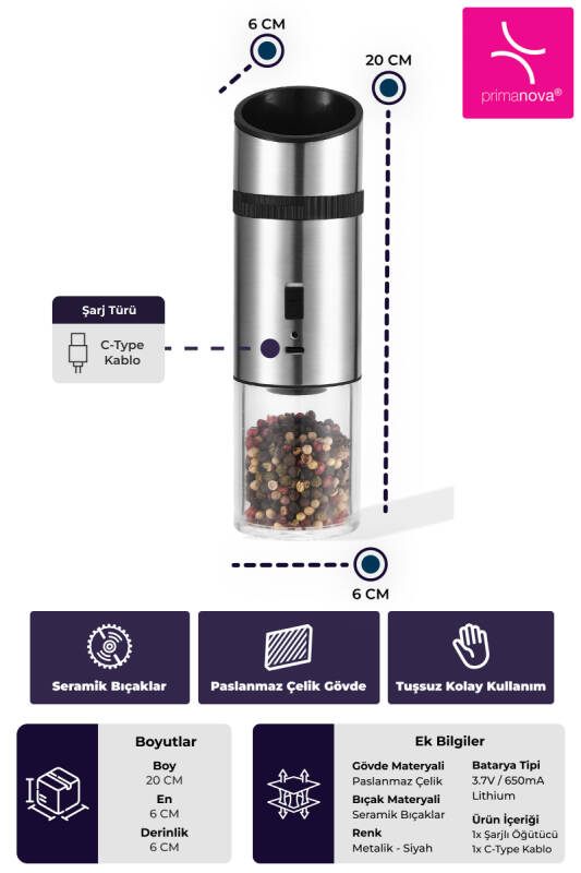 Gravity Paslanmaz Çelik Otomatik Tuz & Karabiber Öğütücü Şarjlı - Metalik - 3