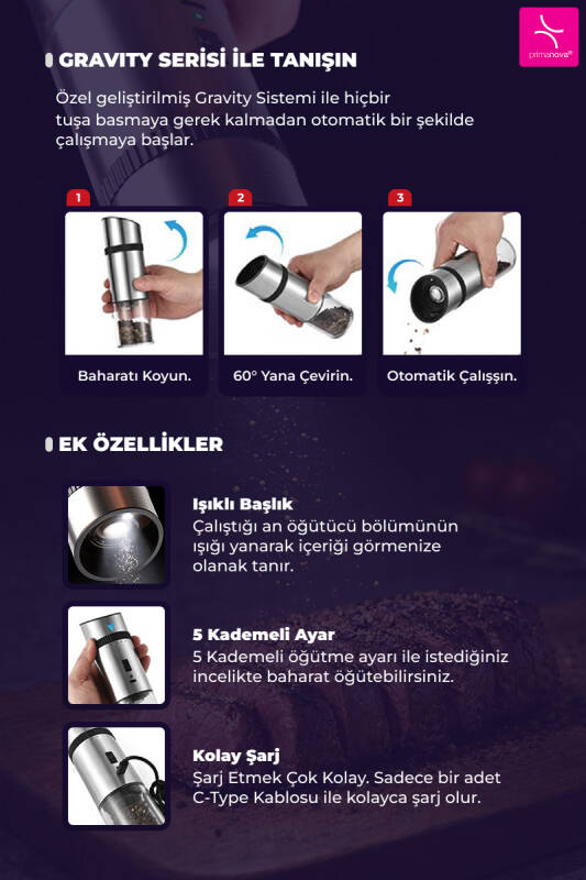 Gravity Paslanmaz Çelik Otomatik Tuz & Karabiber Öğütücü Şarjlı - Metalik - 4