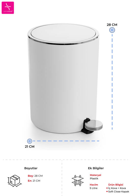 Lenox 5 LT Pedallı Banyo Mutfak Ofis Çöp Kovası - Beyaz - 1