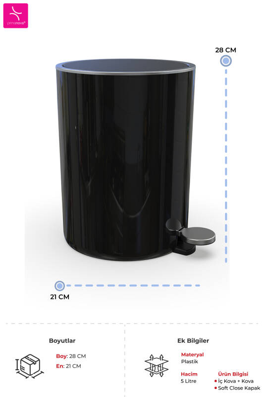 Lenox 5 LT Pedallı Banyo Mutfak Ofis Çöp Kovası - Siyah - 2
