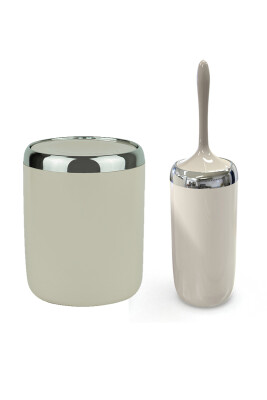 Lima Krom Dekorlu Banyo Çöp Kovası Tuvalet Fırçası 2'Li Set-Bej - Primanova
