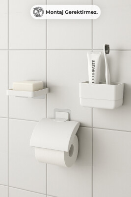 Moliette Yapışkanlı 3'lü Banyo Aksesuar Seti - Beyaz - 1