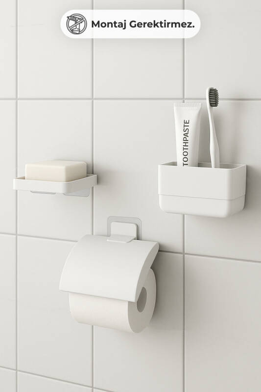 Moliette Yapışkanlı 3'lü Banyo Aksesuar Seti - Beyaz - 1