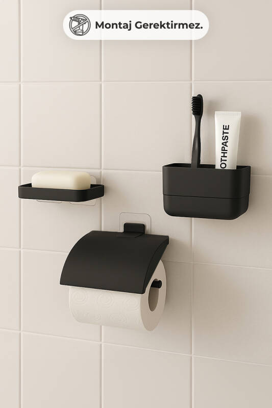 Moliette Yapışkanlı 3'lü Banyo Aksesuar Seti - Siyah - 1