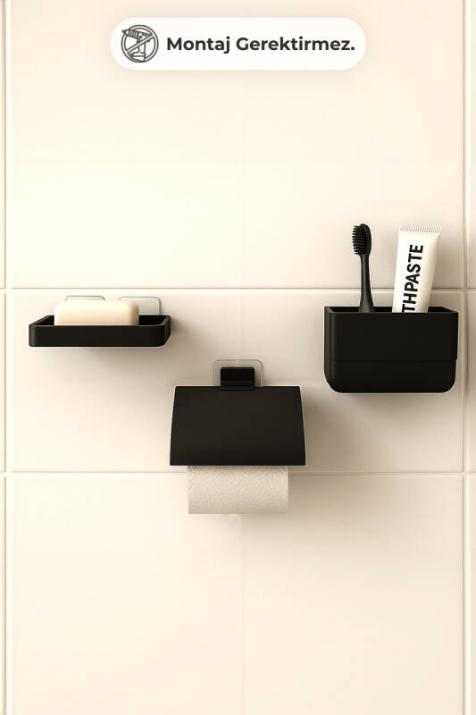 Moliette Yapışkanlı 3'lü Banyo Aksesuar Seti - Siyah - 2