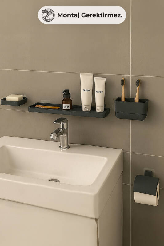 Moliette Yapışkanlı 4'lü Banyo Aksesuar Seti - Antrasit - 1