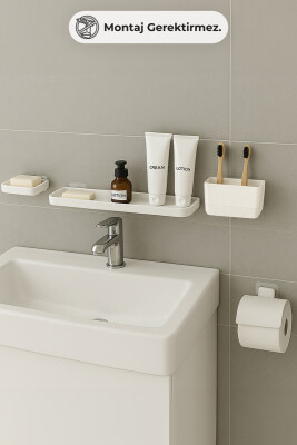 Moliette Yapışkanlı 4'lü Banyo Aksesuar Seti - Beyaz - 1