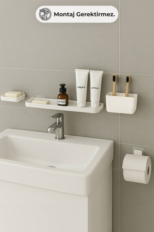 Moliette Yapışkanlı 4'lü Banyo Aksesuar Seti - Beyaz - 1