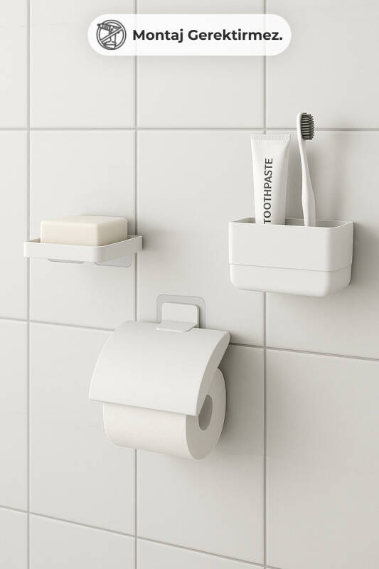 Moliette Yapışkanlı 4'lü Banyo Aksesuar Seti - Beyaz - 2