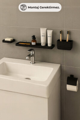 Moliette Yapışkanlı 4'lü Banyo Aksesuar Seti - Siyah - 1
