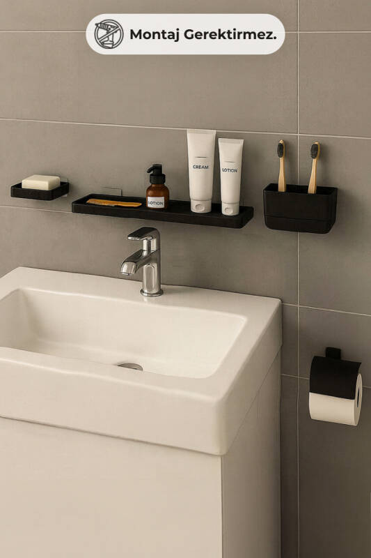 Moliette Yapışkanlı 4'lü Banyo Aksesuar Seti - Siyah - 1