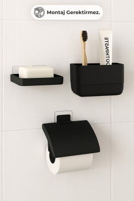 Moliette Yapışkanlı 4'lü Banyo Aksesuar Seti - Siyah - 2