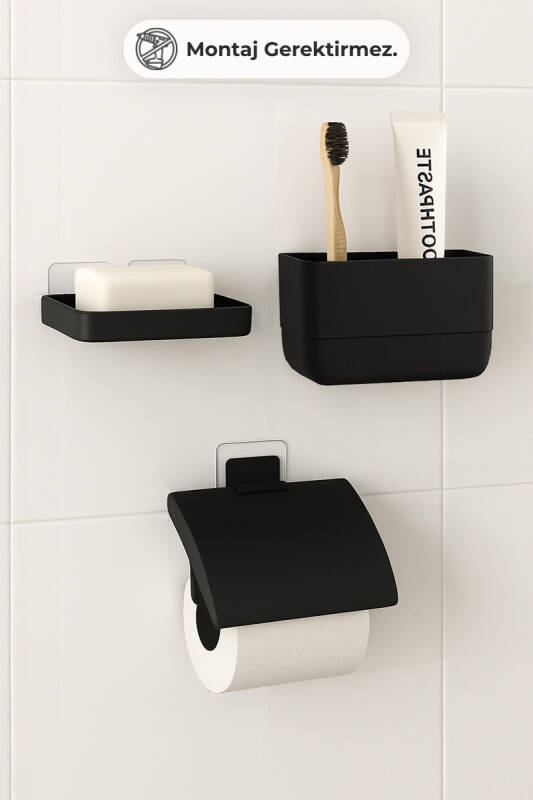 Moliette Yapışkanlı 4'lü Banyo Aksesuar Seti - Siyah - 2