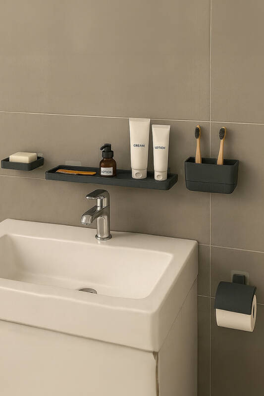 Moliette Yapışkanlı 5'li Banyo Aksesuar Seti - Antrasit - 2
