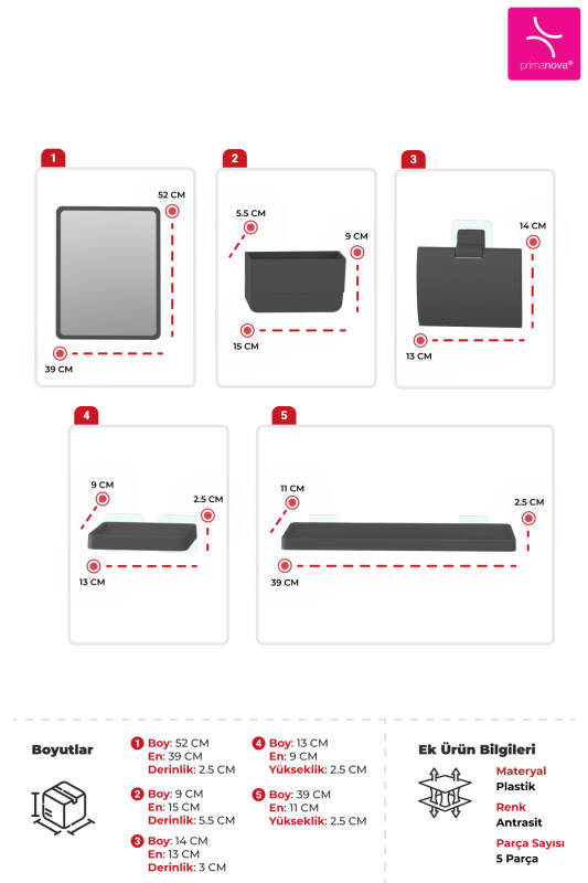 Moliette Yapışkanlı 5'li Banyo Aksesuar Seti - Antrasit - 3