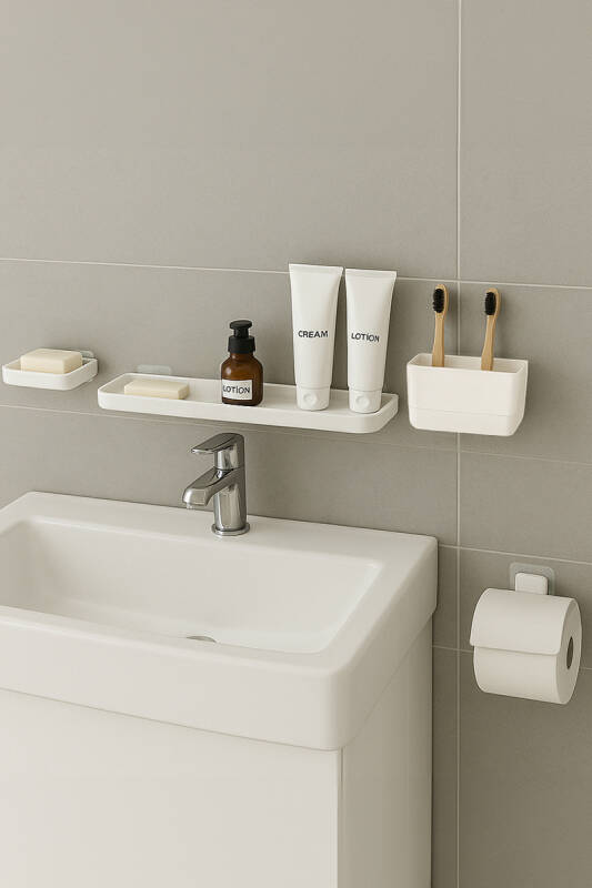 Moliette Yapışkanlı 5'li Banyo Aksesuar Seti - Beyaz - 2