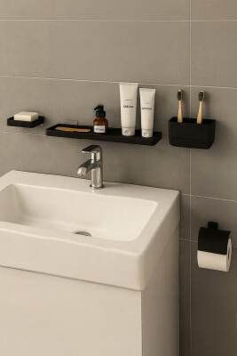 Moliette Yapışkanlı 5'li Banyo Aksesuar Seti - Siyah - 2