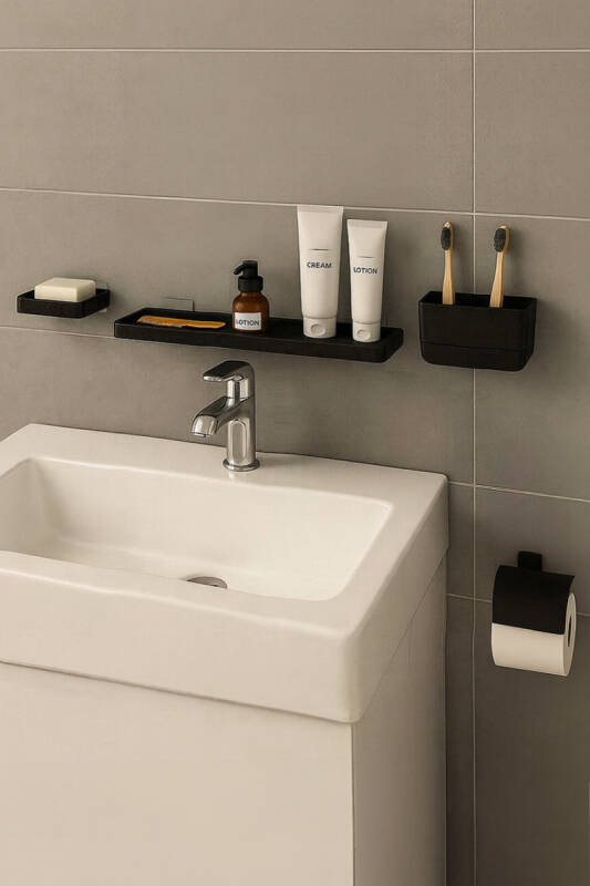 Moliette Yapışkanlı 5'li Banyo Aksesuar Seti - Siyah - 2