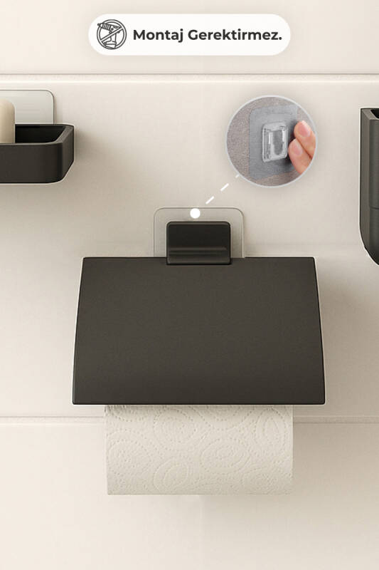 Moliette Yapışkanlı 5'li Banyo Aksesuar Seti - Siyah - 7