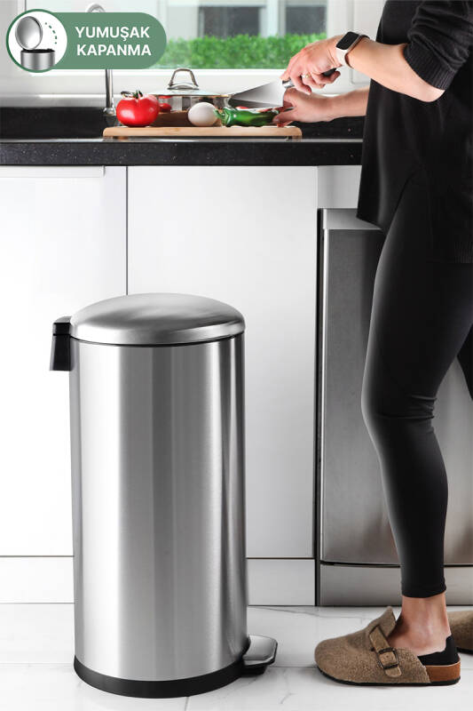 Paslanmaz Çelik Bombe Kapaklı Çöp Kovası 40 Litre Inox - 1