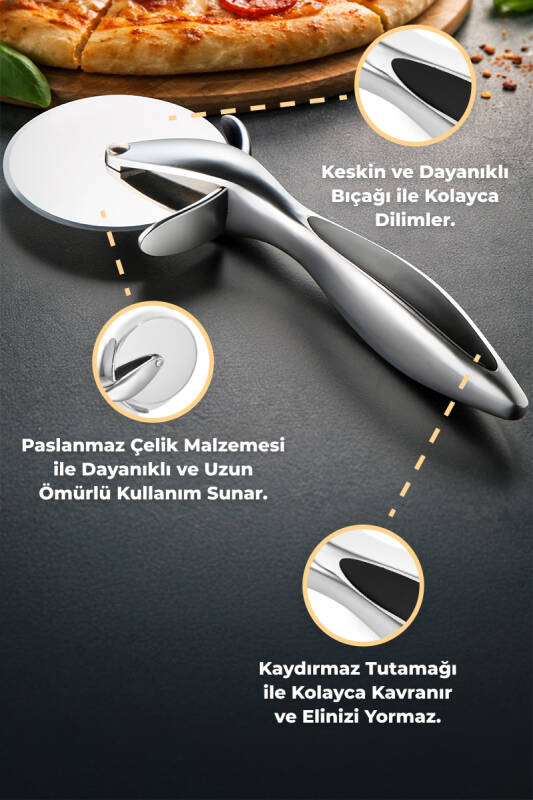 Paslanmaz Çelik Pizza Dilimleyici - Metalik - 2