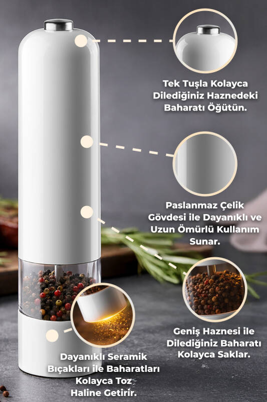 Paslanmaz Çelik Tuz & Karabiber Öğütücü Pilli - Beyaz - 2