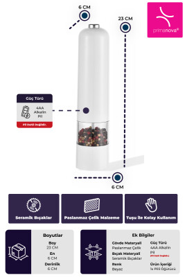 Paslanmaz Çelik Tuz & Karabiber Öğütücü Pilli - Beyaz - 3