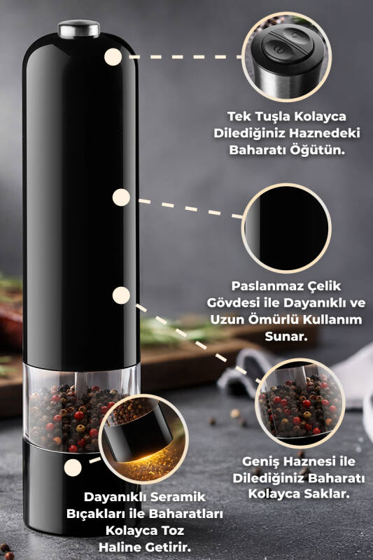 Paslanmaz Çelik Tuz & Karabiber Öğütücü Pilli - Siyah - 2