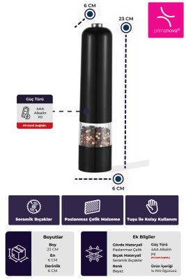 Paslanmaz Çelik Tuz & Karabiber Öğütücü Pilli - Siyah - 3