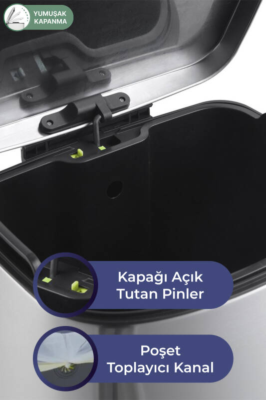 Della 35 LT Yumuşak Kapanan Pedallı Banyo Mutfak Ofis Çelik Çöp Kovası - 7