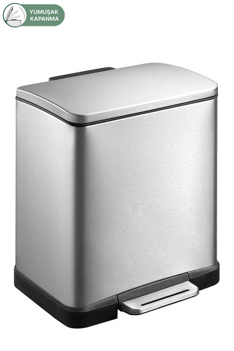 E-Cube 12 LT Yumuşak Kapanan Pedallı Banyo Mutfak Ofis Çelik Çöp Kovası - Inox