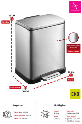E-Cube 12 LT Yumuşak Kapanan Pedallı Banyo Mutfak Ofis Çelik Çöp Kovası - Inox - 3
