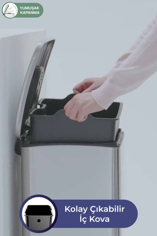 E-Cube 12 LT Yumuşak Kapanan Pedallı Banyo Mutfak Ofis Çelik Çöp Kovası - Inox - 5