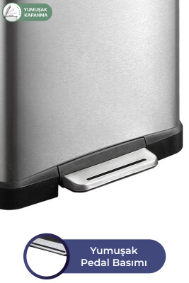 E-Cube 12 LT Yumuşak Kapanan Pedallı Banyo Mutfak Ofis Çelik Çöp Kovası - Inox - 6