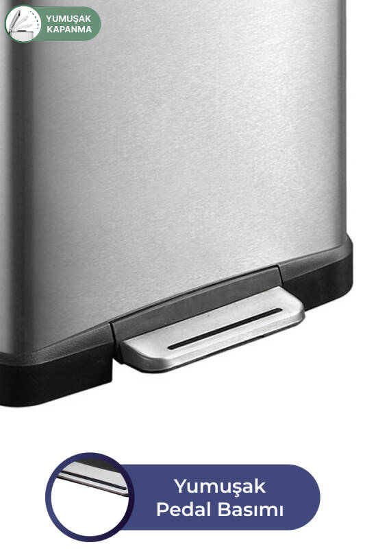 E-Cube 12 LT Yumuşak Kapanan Pedallı Banyo Mutfak Ofis Çelik Çöp Kovası - Inox - 6