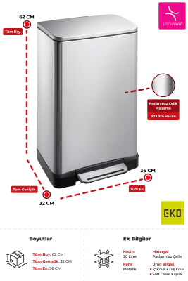 E-Cube 30 LT Yumuşak Kapanan Pedallı Banyo Mutfak Ofis Çelik Çöp Kovası - 3