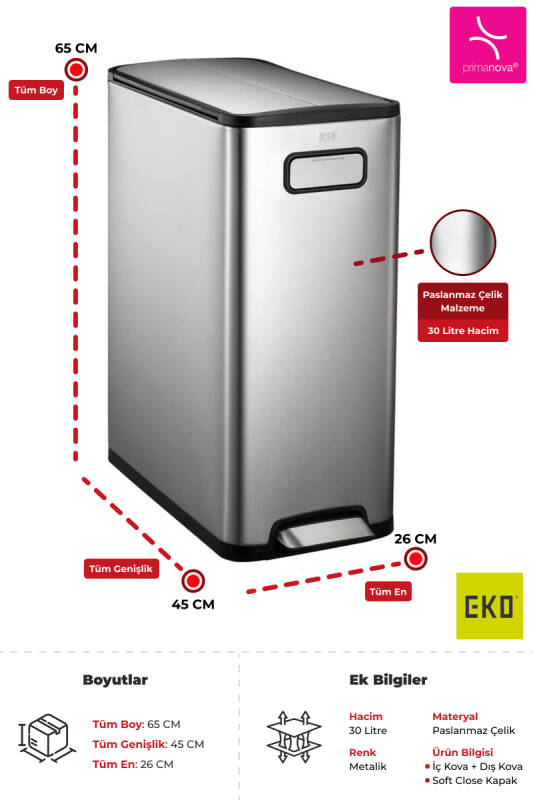 Ecofly 30 LT Yumuşak Kapanan Pedallı Banyo Mutfak Ofis Çelik Çöp Kovası - 3