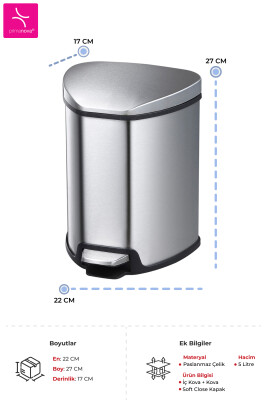 Grace 5 LT Yumuşak Kapanan Pedallı Banyo Mutfak Ofis Çelik Çöp Kovası - 3