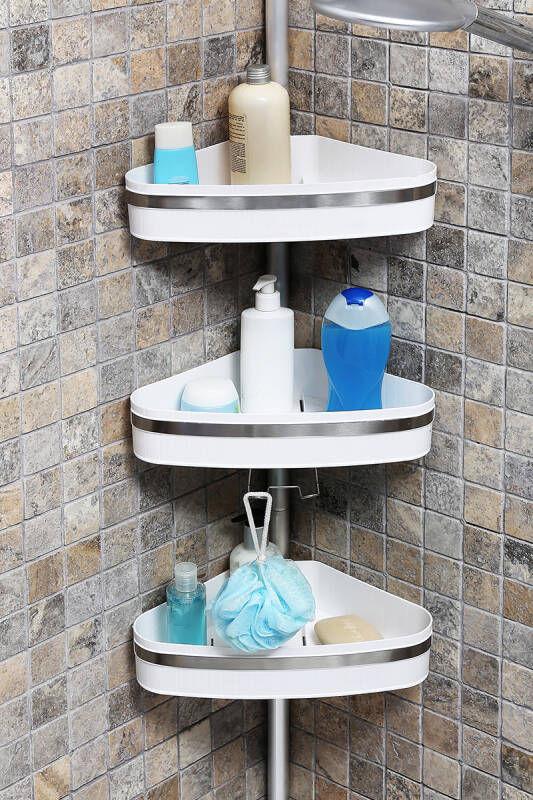 3 Raflı Fina Paslanmaz Alüminyum Banyo Köşe Rafı - Beyaz (Montaj Gerektirmez.) - 1