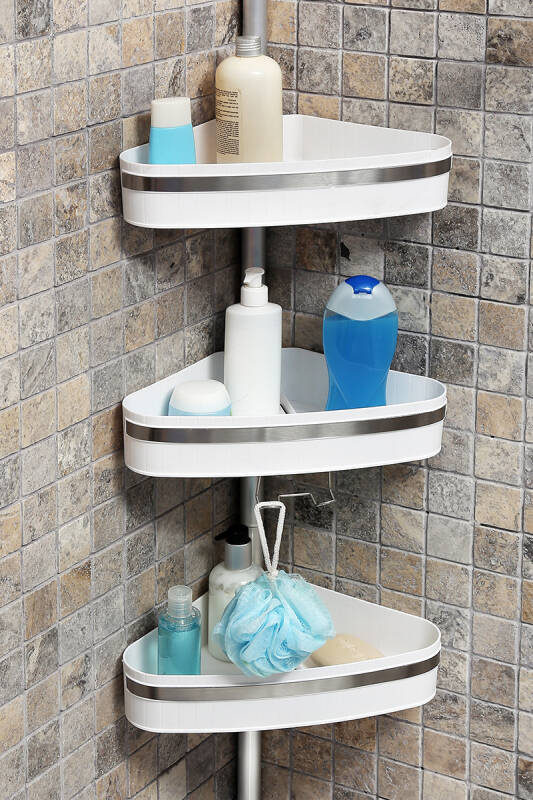 3 Raflı Fina Paslanmaz Alüminyum Banyo Köşe Rafı - Beyaz (Montaj Gerektirmez.) - 2