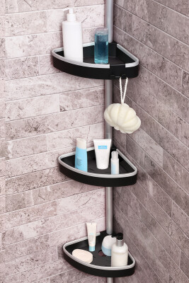 3 Raflı Venta Paslanmaz Alüminyum Banyo Köşe Rafı - Siyah (Montaj Gerektirmez.) - Primanova