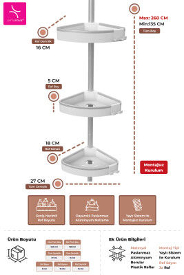 3 Raflı Venta Paslanmaz Alüminyum Banyo Köşe Rafı - Beyaz (Montaj Gerektirmez.) - 3