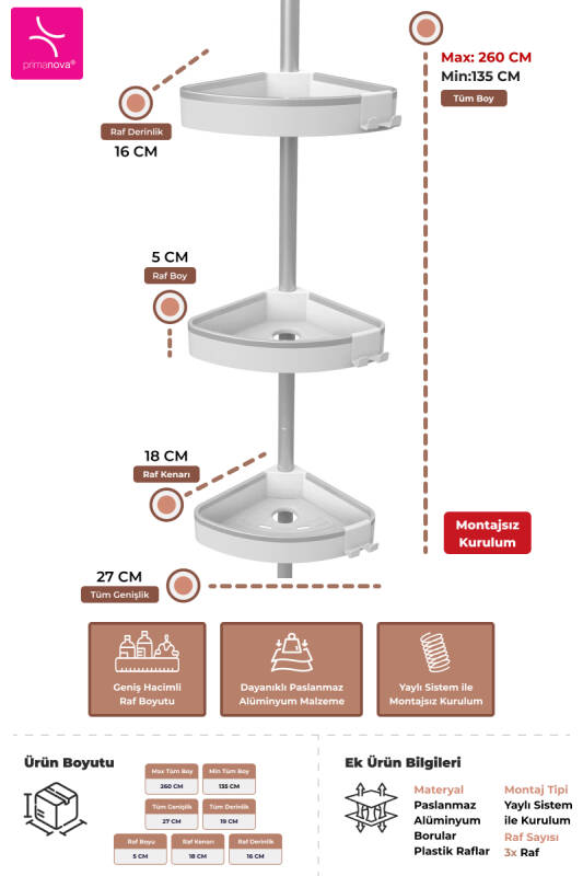 3 Raflı Venta Paslanmaz Alüminyum Banyo Köşe Rafı - Beyaz (Montaj Gerektirmez.) - 3