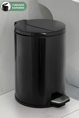 Cigo 12 LT Yumuşak Kapanan Pedallı Banyo Mutfak Ofis Çelik Çöp Kovası - Siyah & İç Kısım Siyah - Primanova