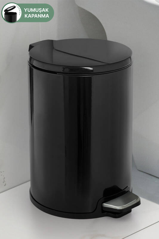 Cigo 12 LT Yumuşak Kapanan Pedallı Banyo Mutfak Ofis Çelik Çöp Kovası - Siyah & İç Kısım Siyah - 1