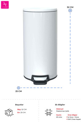 Cigo 20 LT Yumuşak Kapanan Pedallı Banyo Mutfak Ofis Çelik Çöp Kovası - Beyaz & İç Kısım Siyah - 3