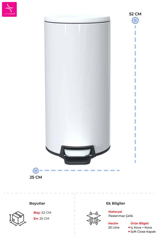 Cigo 20 LT Yumuşak Kapanan Pedallı Banyo Mutfak Ofis Çelik Çöp Kovası - Beyaz & İç Kısım Siyah - 3
